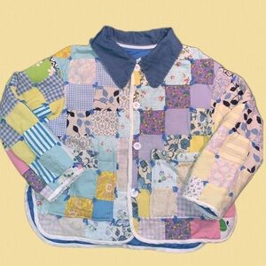 handmade quilt coat patchwork yarn ties blue floral gingham denim collar L/XL